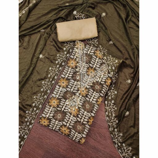 Dark Brown Floral Printed With Handwork Pure Cotton Dress Material - Image 2