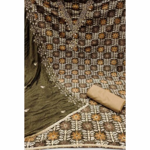 Dark Brown Floral Printed With Handwork Pure Cotton Dress Material - Image 3