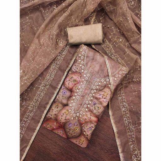 Dark Brown Floral Sequins Embroidery With Handwork Organza Dress Material - Image 2