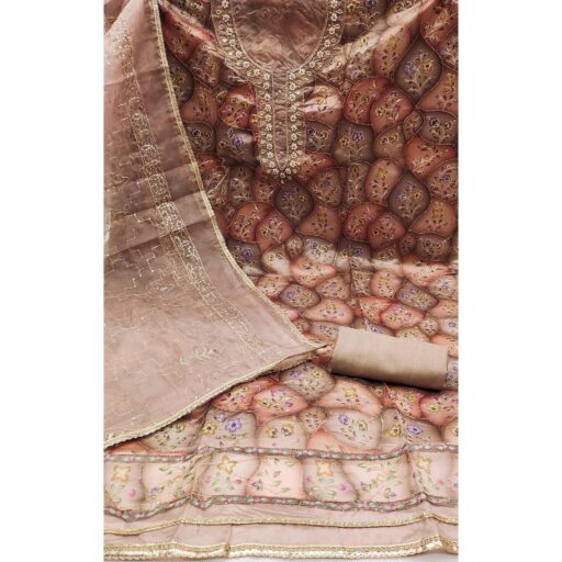Dark Brown Floral Sequins Embroidery With Handwork Organza Dress Material - Image 3