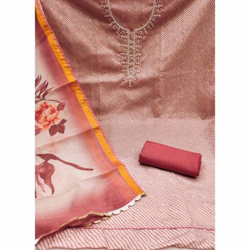 Dark Peach Digital Printed With Handwork Modal Chanderi Silk Dress Material - Image 3