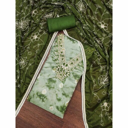 Green Digital Printed With Handwork Organza Dress Material - Image 2