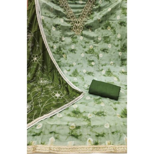 Green Digital Printed With Handwork Organza Dress Material - Image 3