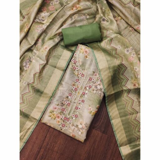 Green Floral Digital Printed With Handwork Viscose Dress Material - Image 2