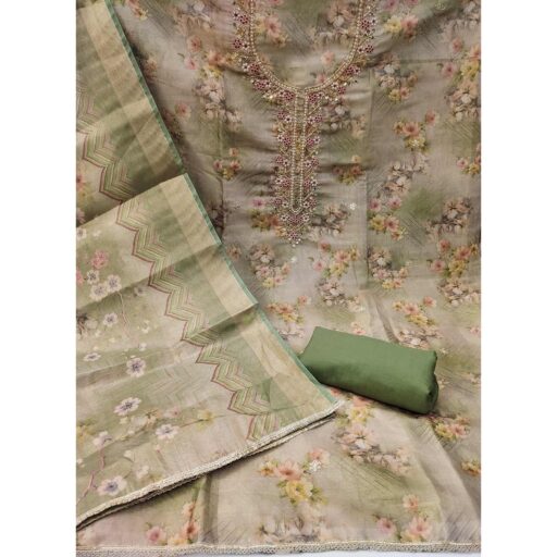 Green Floral Digital Printed With Handwork Viscose Dress Material - Image 3