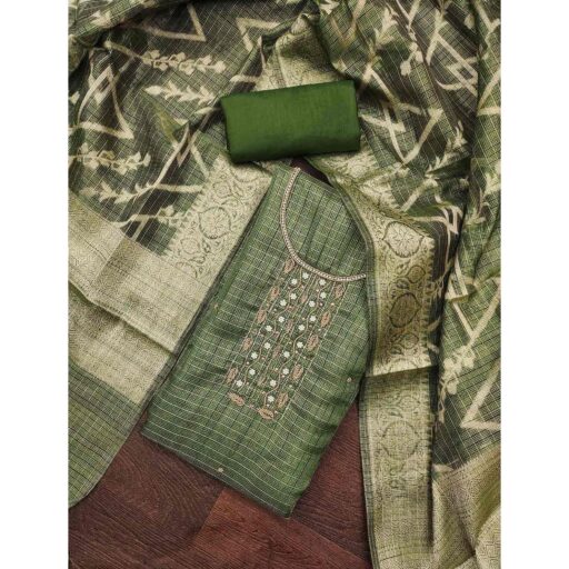 Green Floral Handwork With Woven Viscose Dress Material - Image 2