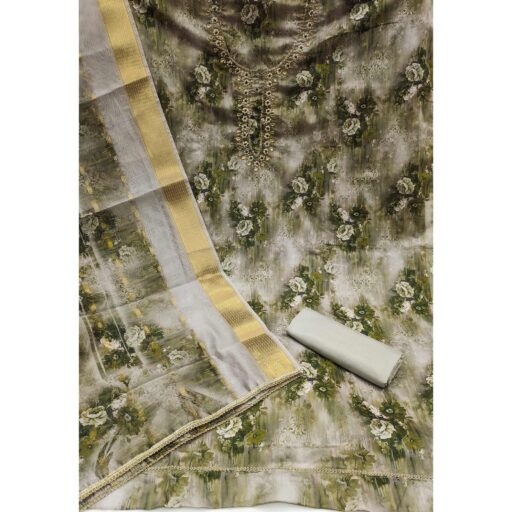 Green Floral Printed With Handwork Muslin Dress Material - Image 3