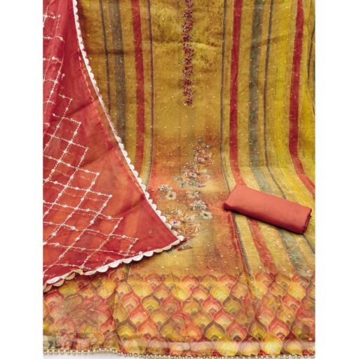 Green Floral Printed With Handwork Shimmer Viscose Dress Material - Image 3