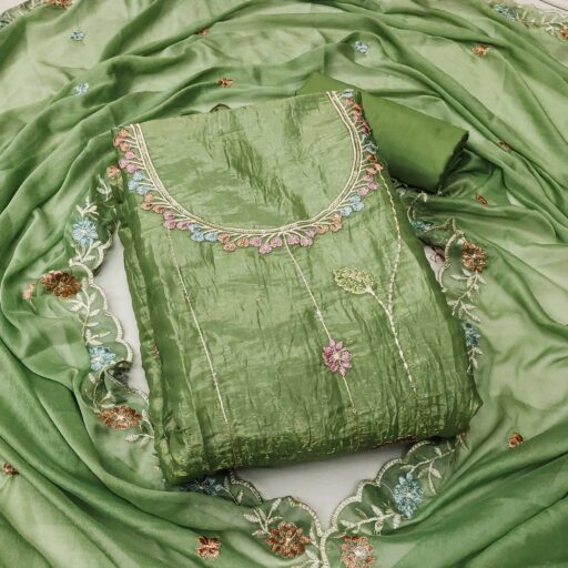 Green Floral Sequins Embroidered Viscose Golden Crush Dress Material - Image 2