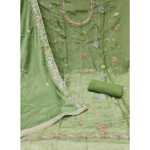 Green Floral Sequins Embroidered Viscose Golden Crush Dress Material - Image 3