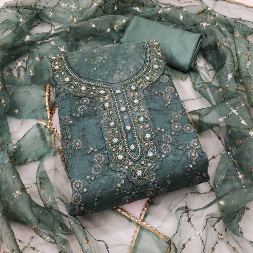 Green Sequins Embroidery With Handwork Organza Dress Material