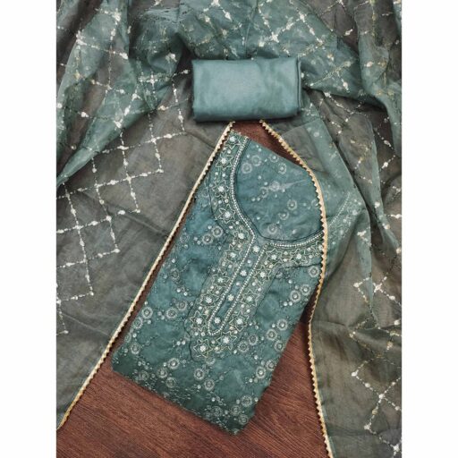 Green Sequins Embroidery With Handwork Organza Dress Material - Image 2