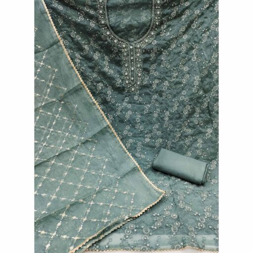 Green Sequins Embroidery With Handwork Organza Dress Material - Image 3