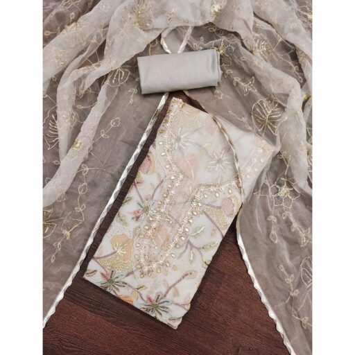 Grey Floral Sequins Embroidery With Handwork Organza Dress Material - Image 2