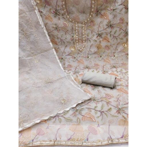 Grey Floral Sequins Embroidery With Handwork Organza Dress Material - Image 3