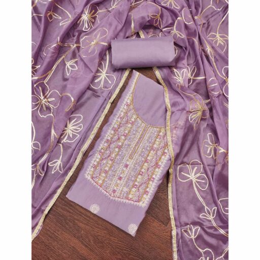 Lavender Floral Sequins Embroidery With Handwork Cotton Silk Dress Material - Image 2