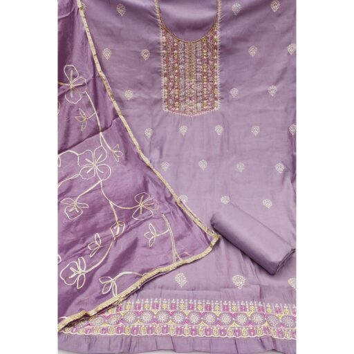 Lavender Floral Sequins Embroidery With Handwork Cotton Silk Dress Material - Image 3