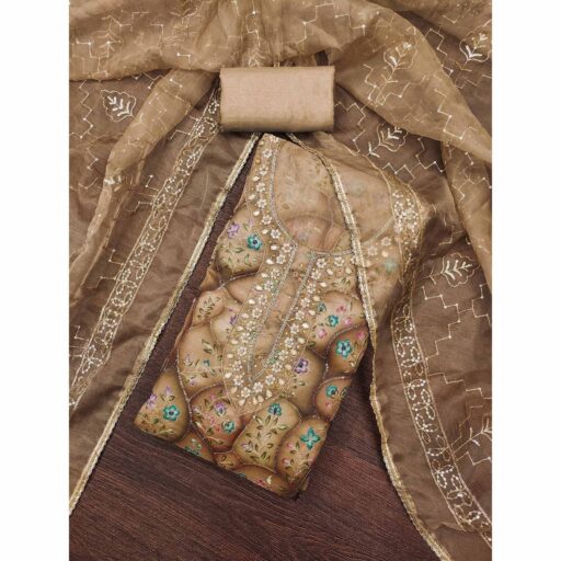 Light Brown Floral Sequins Embroidery With Handwork Organza Dress Material - Image 2