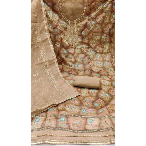 Light Brown Floral Sequins Embroidery With Handwork Organza Dress Material - Image 3