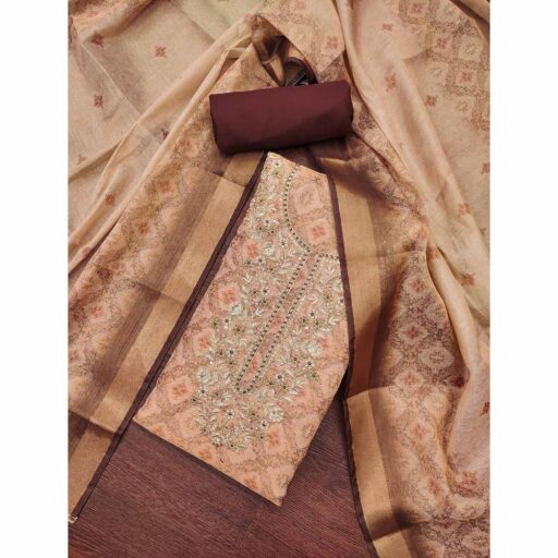 Light Peach Digital Printed With Hand Embroidered Cotton Silk Dress Material - Image 2