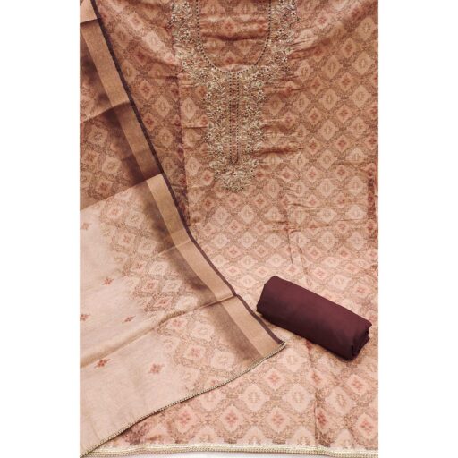 Light Peach Digital Printed With Hand Embroidered Cotton Silk Dress Material - Image 3