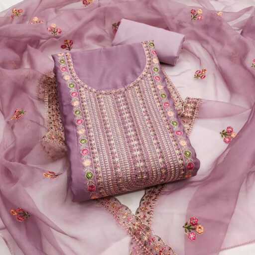 Light Purple Floral Embroidered Roman Cotton Silk Dress Material