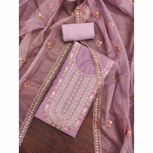 Light Purple Floral Embroidered Roman Cotton Silk Dress Material - Image 2