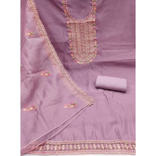 Light Purple Floral Embroidered Roman Cotton Silk Dress Material - Image 3