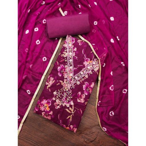 Magenta Floral Printed With Handwork Pure Cotton Dress Material - Image 2