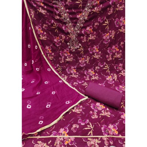 Magenta Floral Printed With Handwork Pure Cotton Dress Material - Image 3