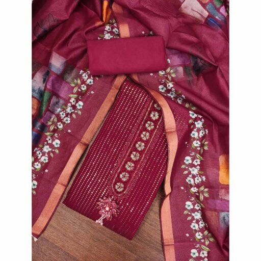 Maroon Floral Sequins Embroidery Cotton Roman Silk Dress Material - Image 2