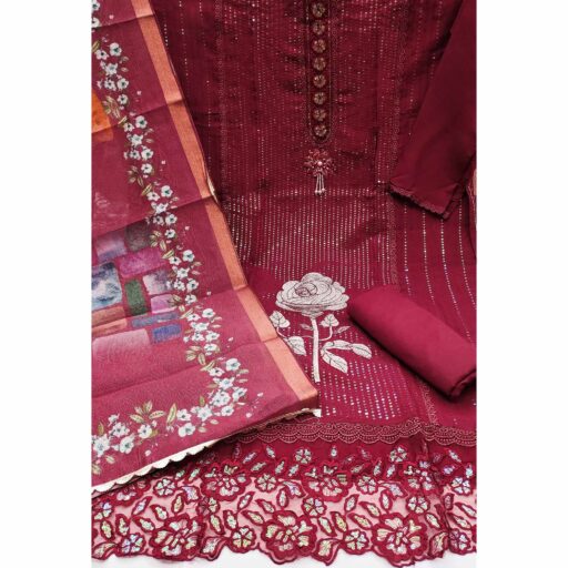 Maroon Floral Sequins Embroidery Cotton Roman Silk Dress Material - Image 3