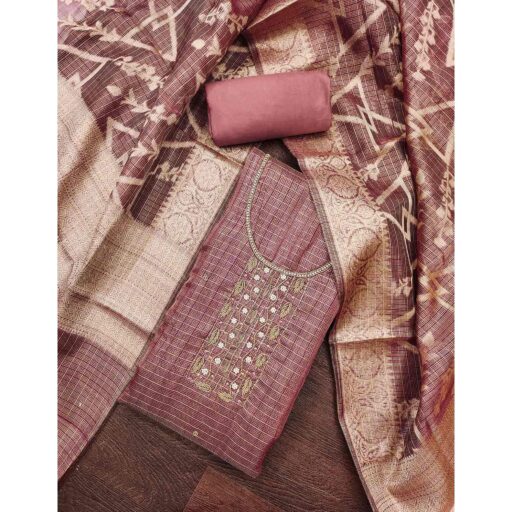 Mauve Floral Handwork With Woven Viscose Dress Material - Image 2