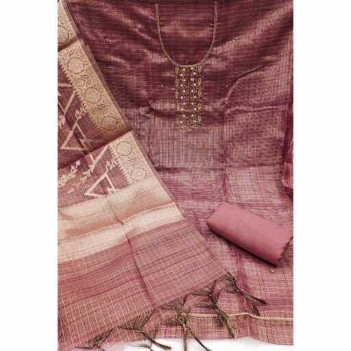 Mauve Floral Handwork With Woven Viscose Dress Material - Image 3