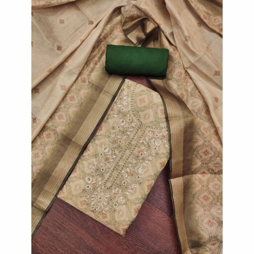 Mehendi Green Digital Printed With Hand Embroidered Cotton Silk Dress Material - Image 2