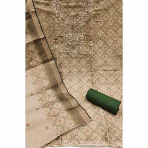 Mehendi Green Digital Printed With Hand Embroidered Cotton Silk Dress Material - Image 3