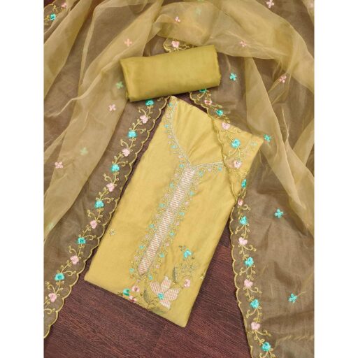 Mustard Floral Sequins Embroidered Cotton Silk Dress Material - Image 2