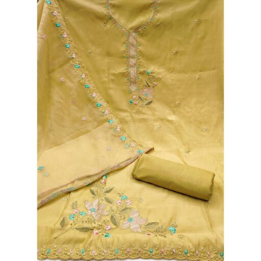 Mustard Floral Sequins Embroidered Cotton Silk Dress Material - Image 3
