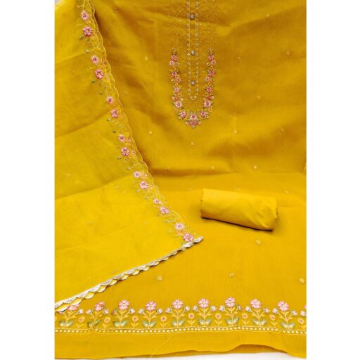 Mustard Floral Sequins Embroidered Viscose Dress Material - Image 3