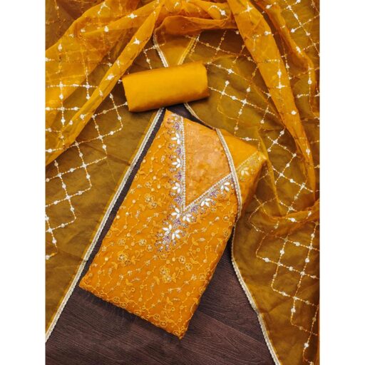 Mustard Floral Sequins Embroidery With Handwork Organza Dress Material - Image 2