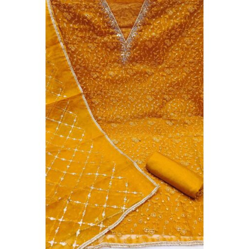 Mustard Floral Sequins Embroidery With Handwork Organza Dress Material - Image 3
