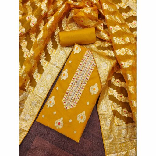 Mustard Woven With Handwork Organza Banarasi Dress Material - Image 2