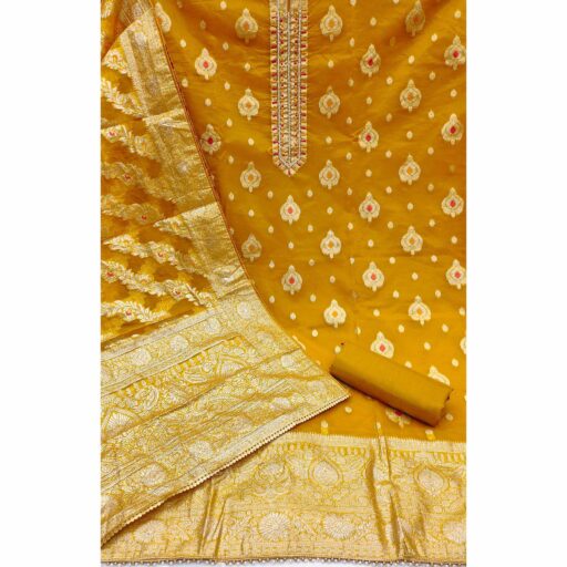 Mustard Woven With Handwork Organza Banarasi Dress Material - Image 3