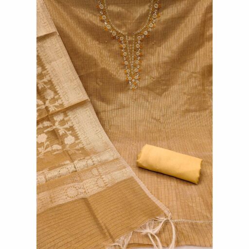 Mustard Woven With Moti Handwork Viscose Dress Material - Image 3