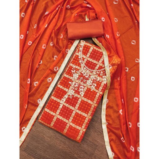 Orange Bandhani Woven With Handwork Cotton Silk Banarasi Dress Material - Image 2