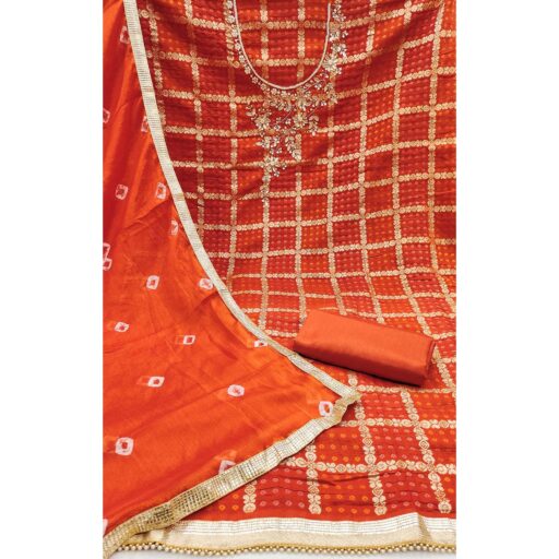 Orange Bandhani Woven With Handwork Cotton Silk Banarasi Dress Material - Image 3