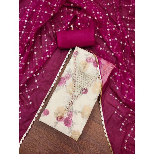 Pink Floral Digital Printed With Handwork Viscose Banarasi Dress Material - Image 2