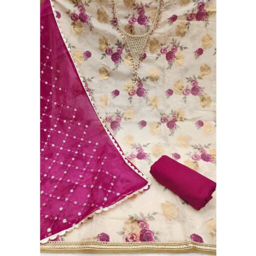 Pink Floral Digital Printed With Handwork Viscose Banarasi Dress Material - Image 3