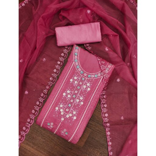 Pink Floral Embroidery With Stonework Roman Cotton Silk Dress Material - Image 2