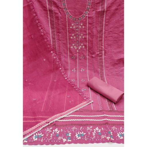 Pink Floral Embroidery With Stonework Roman Cotton Silk Dress Material - Image 3